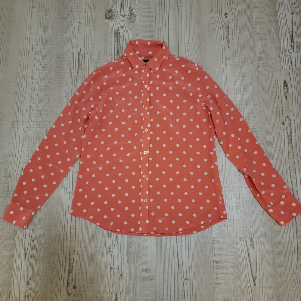 C. Wonder Coral 100% Silk Polka Dot Button-Down Shirt Business Casual Classic